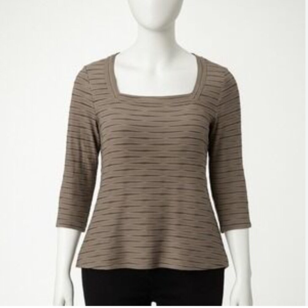 2/$30 Worth Square Neck 3/4 Sleeve Gray Striped Mesh Top Small